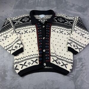 Nordic Traders Sweater Cardigan Mens Medium Black White Wool Fair Isle Knit